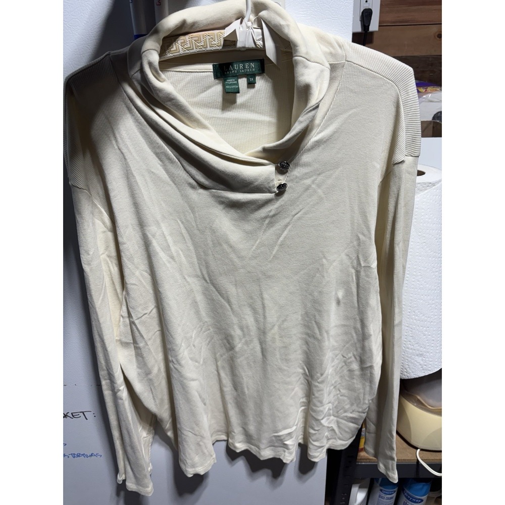 Lauren Ralph‎ Lauren Cream Ribbed Split Neck Sweater 3X